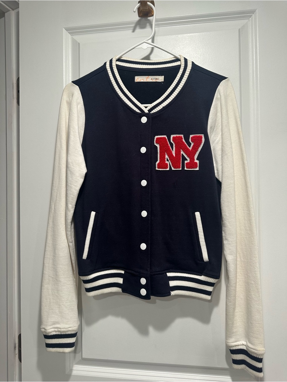 NY Contrast-Panel Varsity Jacket - Navy & White